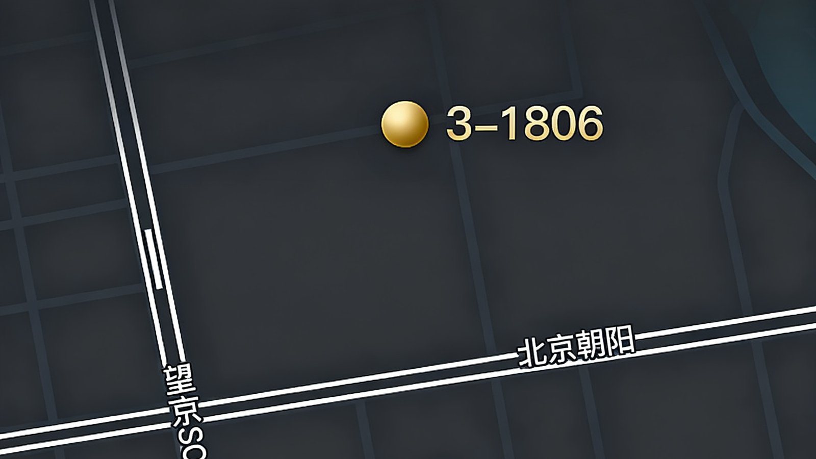 一幅简约风格的地图示意画面，标注比分直播网位于北京朝阳区望京SOHO塔3-1806的具体位置，地图上清晰显示周边道路和地铁站信息，配色以深灰色底搭配金色标注点，体现科技公司现代感。